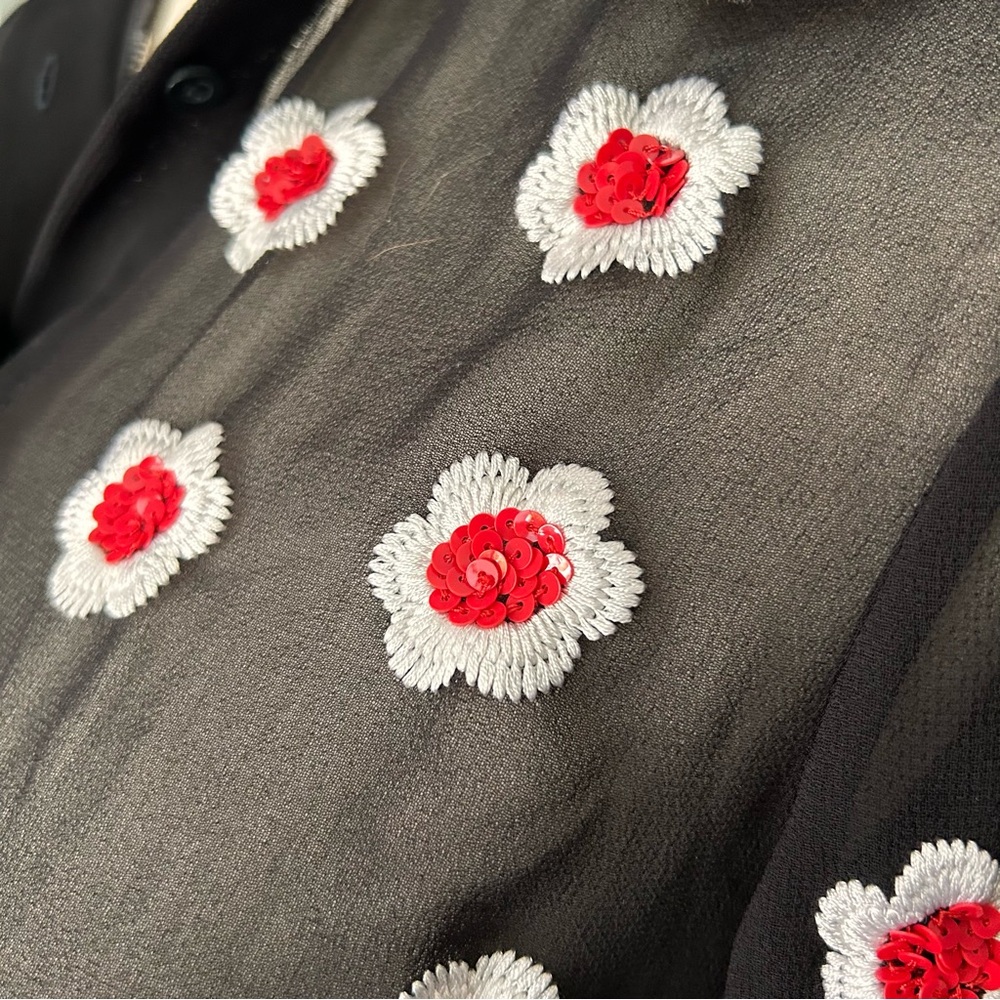 Alice + Olivia Willa Floral Embellished Scalloped Collar Placket Top Black Sz S - Picture 11 of 15